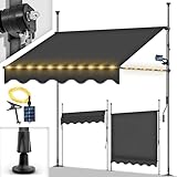 tillvex Klemmmarkise mit Handkurbel Balkon | Balkonmarkise ohne Bohren | Markise UV-beständig & höhenverstellbar | Sonnenschutz wasserdicht (Anthrazit mit LED, 400cm)